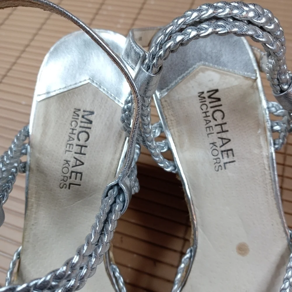 Michael Kors women's platform espadrille braided silver buckle straps. 4